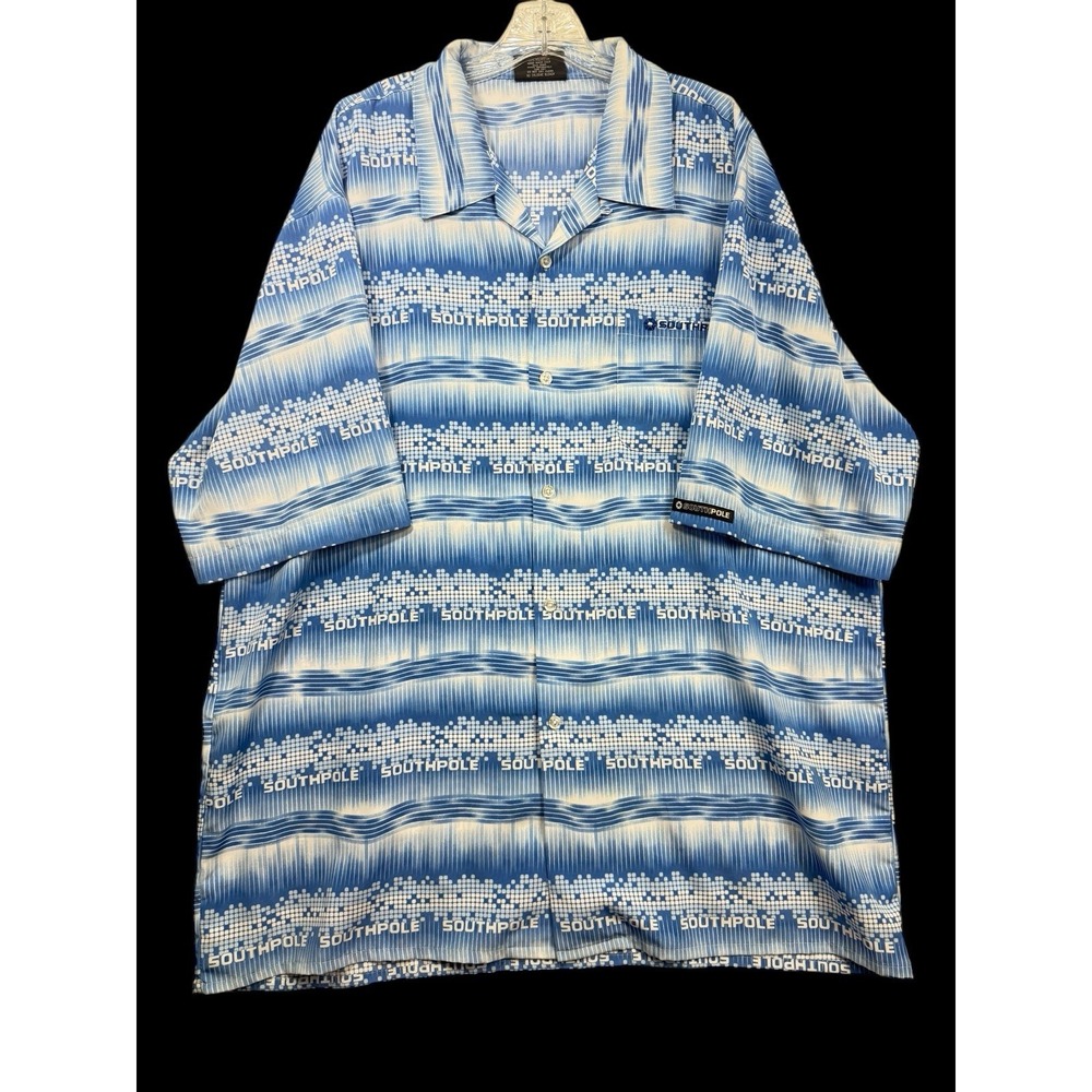 Vtg XXL‎ Short Sleeve Blue & White South Pole Logo Print Buttoned Shirt Hip Hop